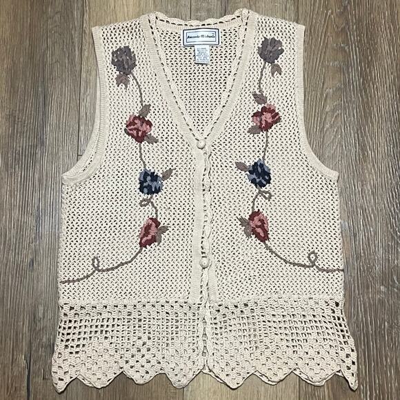 Amanda Michaels Sweaters - VTG Crochet Knit Floral Boho Vest Small Cream Ramie Cotton Cottagecore Hippie